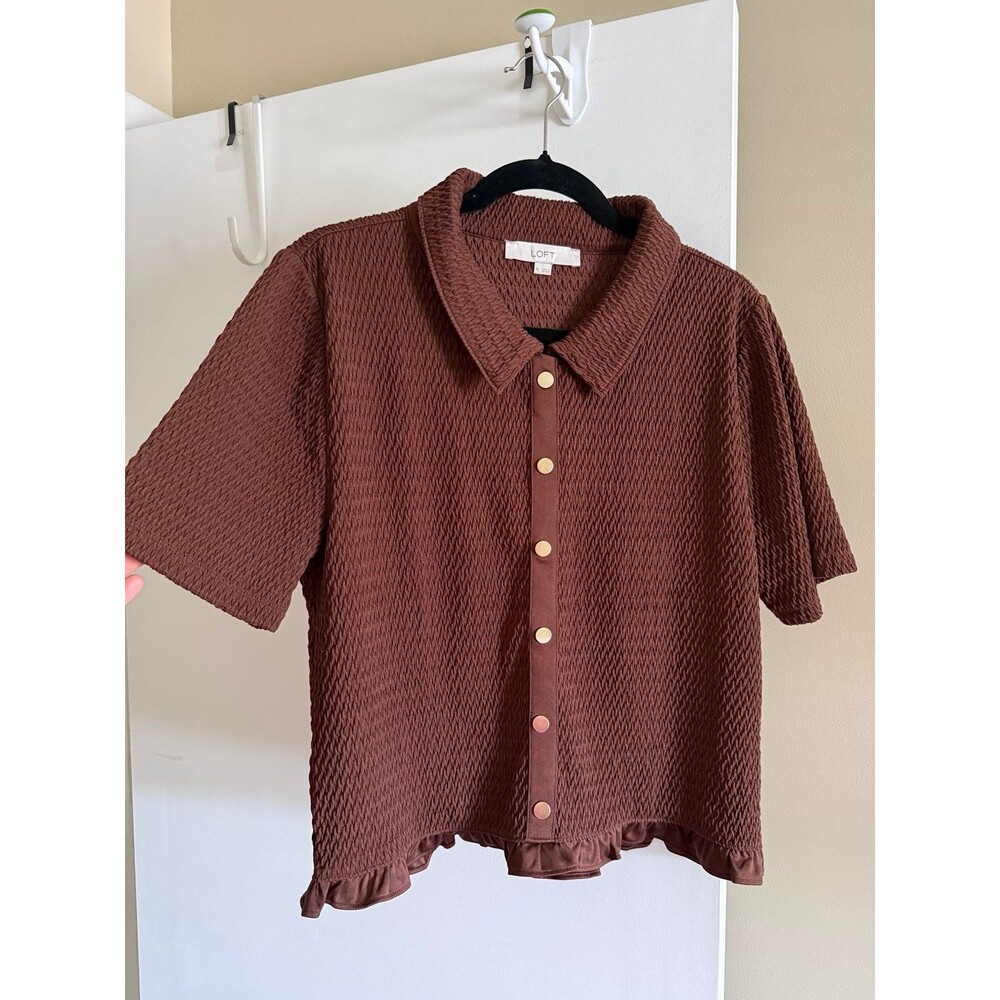 LOFT Brown Textured Button Front Blouse Top XL Ruffle Hem - Picture 2 of 7